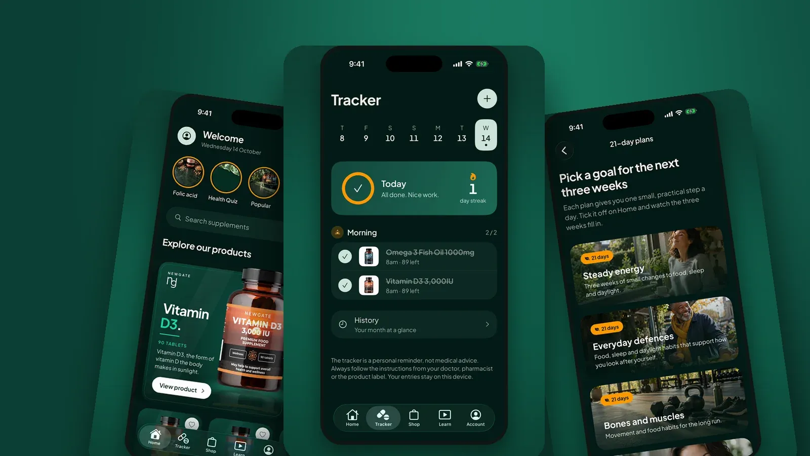 Three screens from the Newgate Wellness app: the home screen, the Tracker with two morning doses ticked off, and the 21-day plans list.