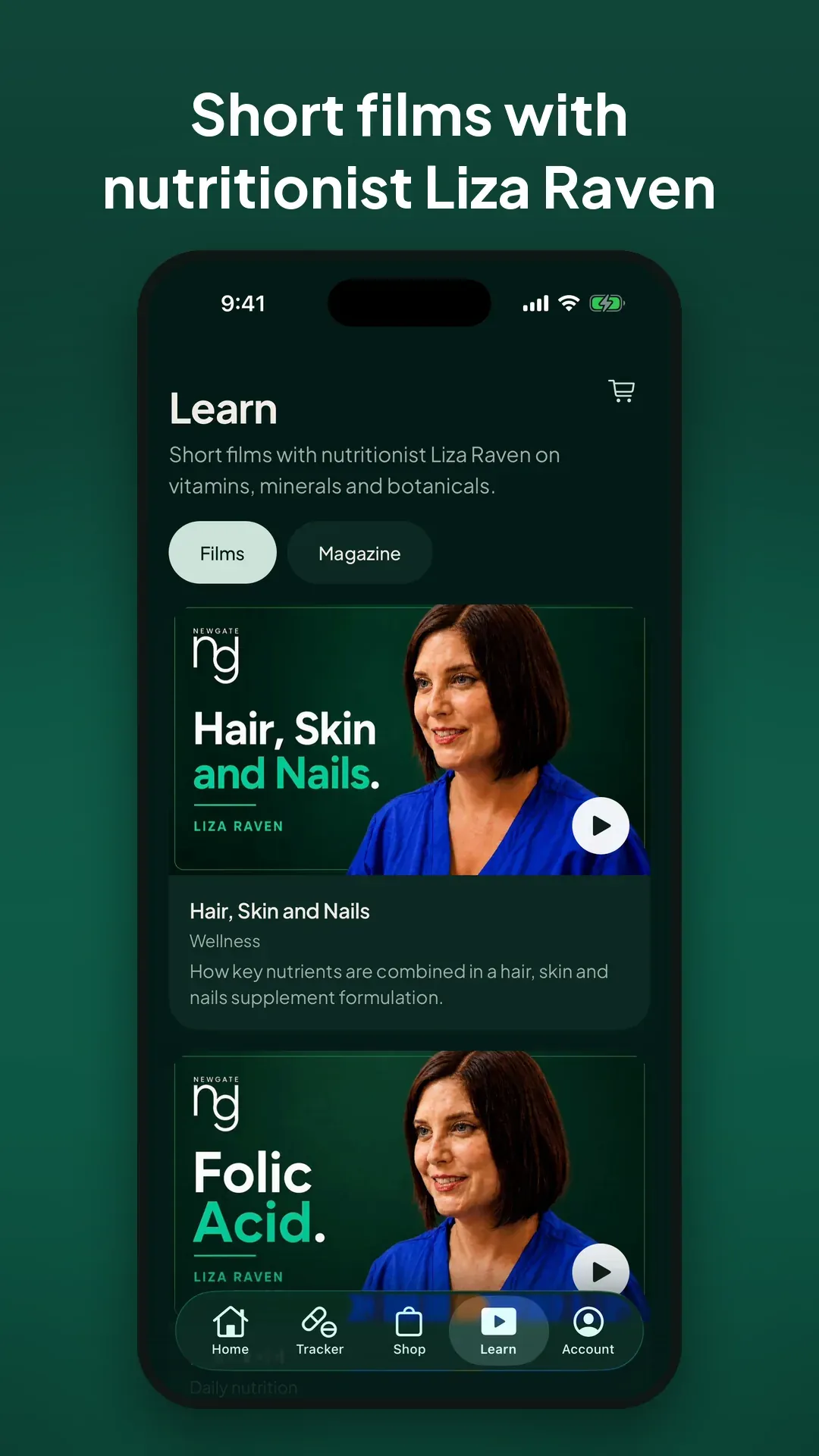 The Learn tab with short films from nutritionist Liza Raven.