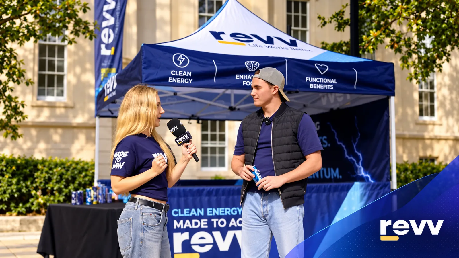 A revv team member interviews a student in front of the revv gazebo outside the Wilkins Building on UCL's main campus.