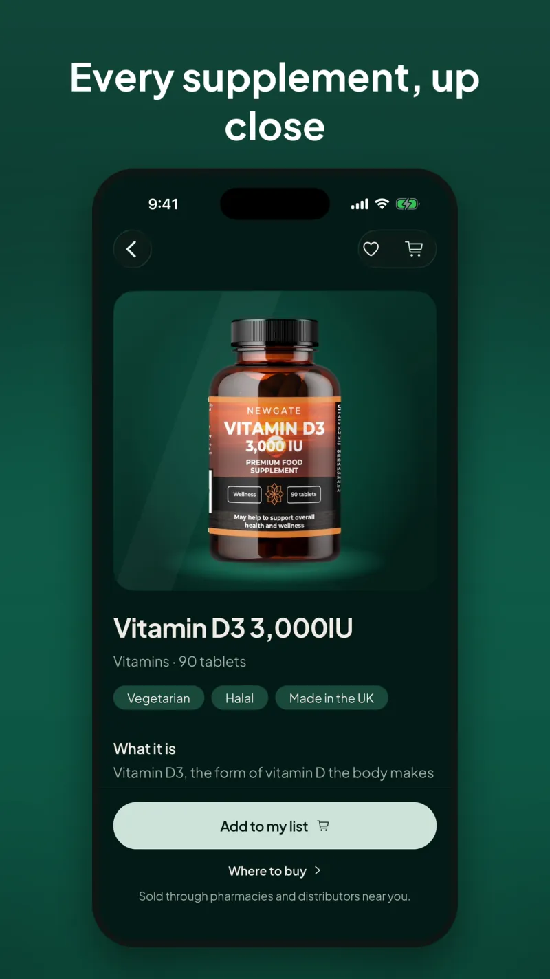 Every supplement, up close: Vitamin D3 3,000IU product page with vegetarian, halal and made in the UK tags.
