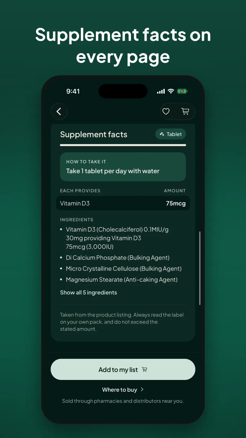 Supplement facts on every page: Supplement facts for Vitamin D3: how to take it, amount per tablet and ingredients.