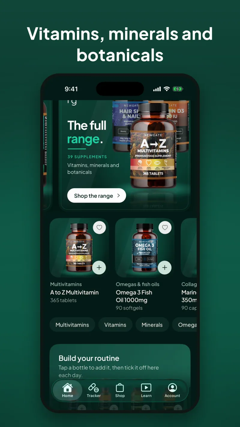 Vitamins, minerals and botanicals: The Shop tab showing the full range, from A to Z Multivitamin to Omega 3.
