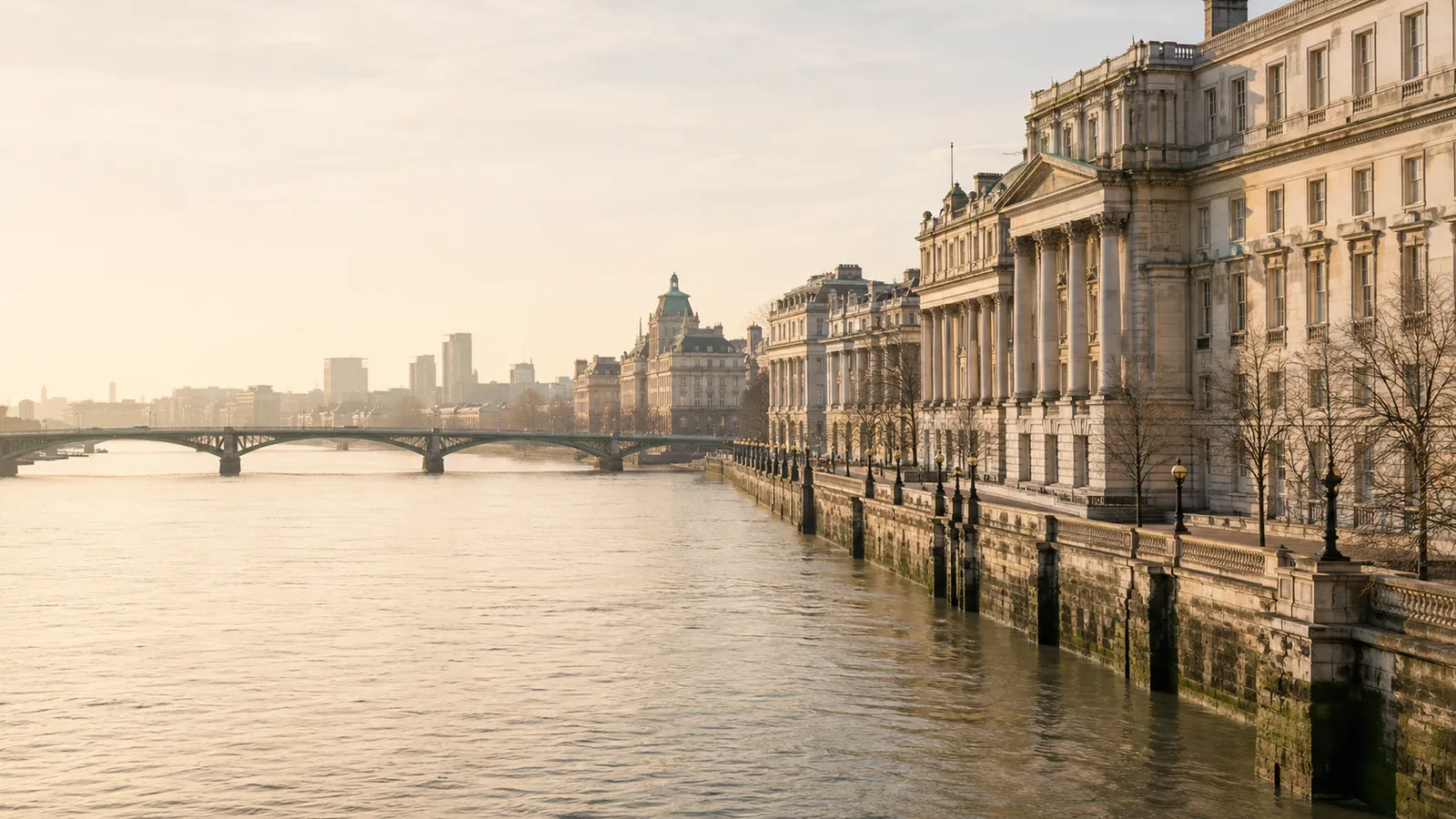 The London skyline along the Thames in soft afternoon light