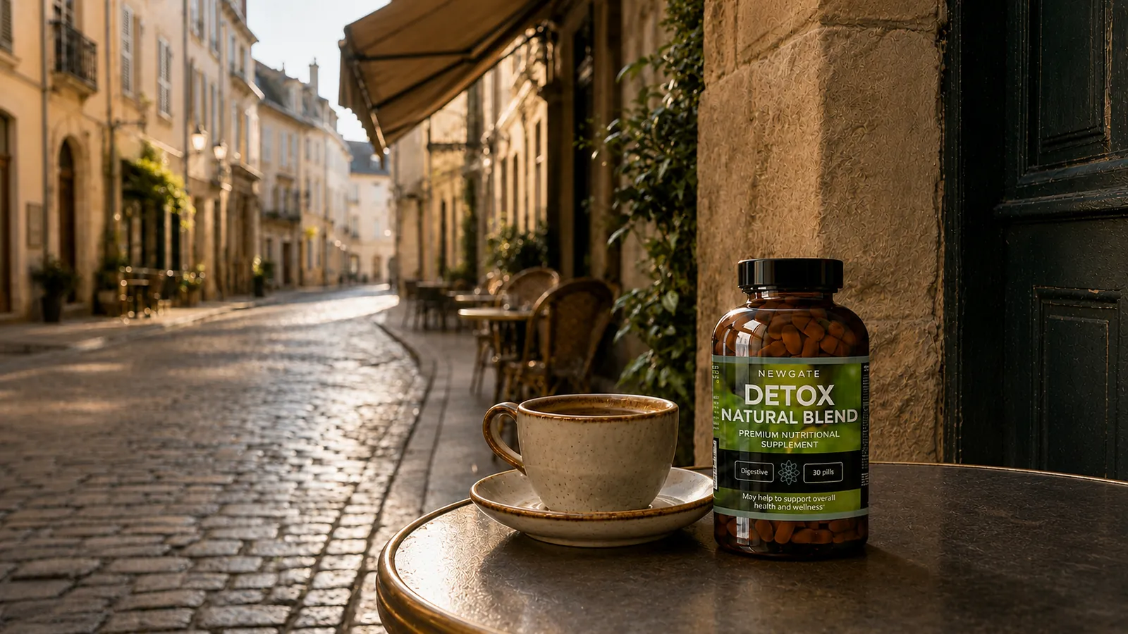 A European street at dawn with a Newgate supplement bottle beside a parcel