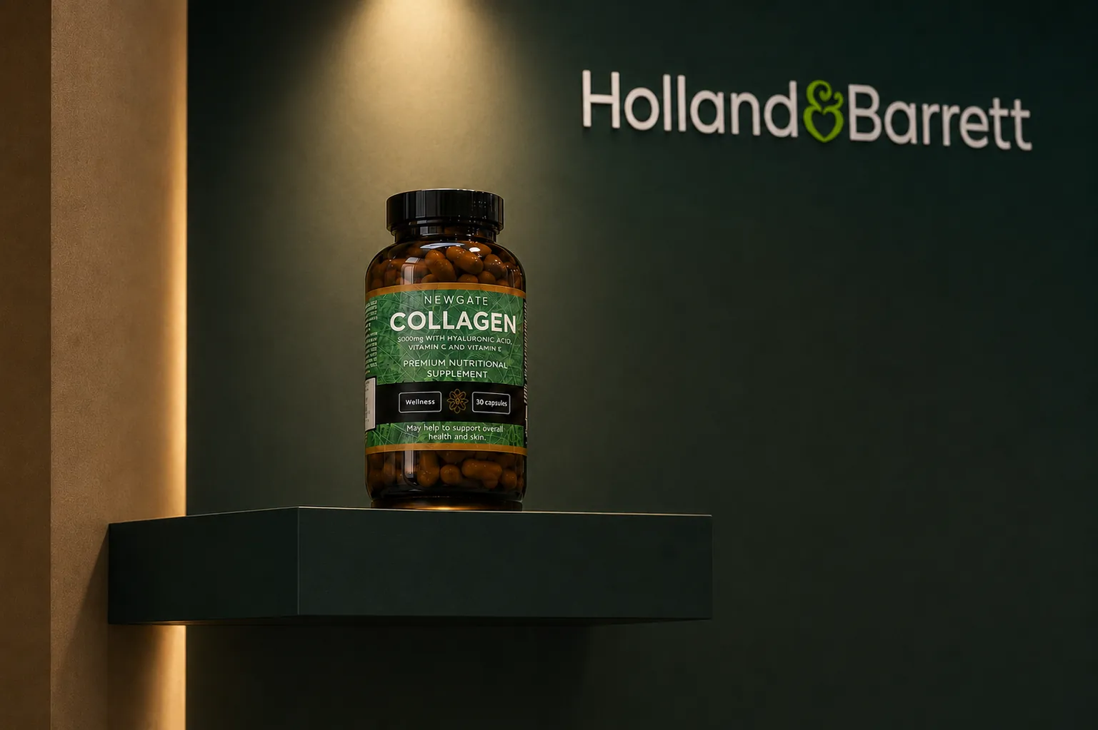 A British health-shop interior with a single Newgate Collagen bottle on the shelf
