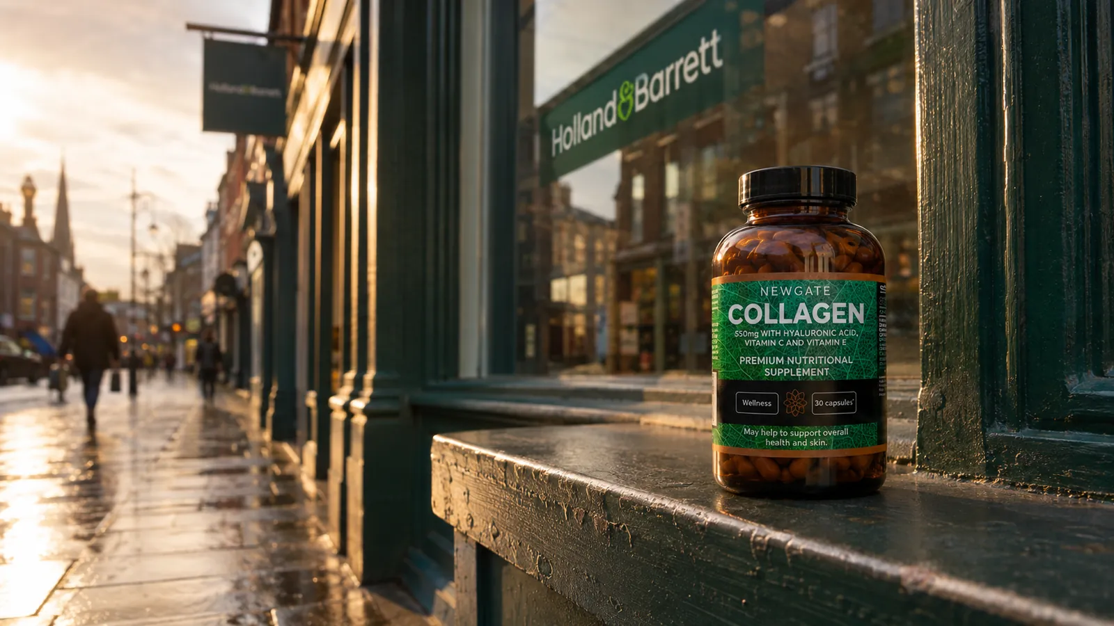 A British high street at golden hour with a single Newgate supplement bottle on a windowsill