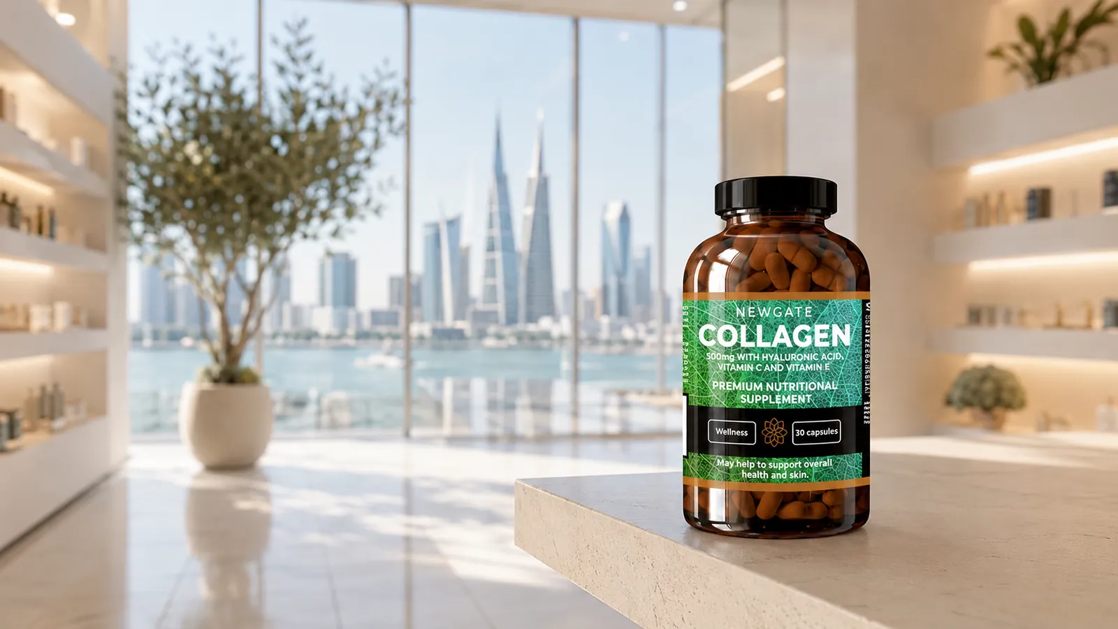 A bright Gulf retail interior with a single Newgate supplement bottle on the shelf