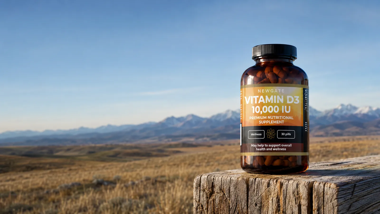 An open North American landscape with a single Newgate supplement bottle in the foreground
