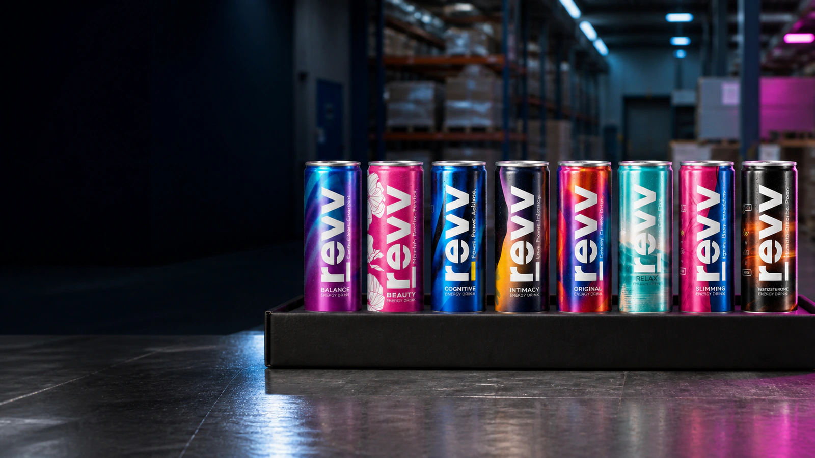 The Revv range: all eight energy drink formulas lined up in a warehouse