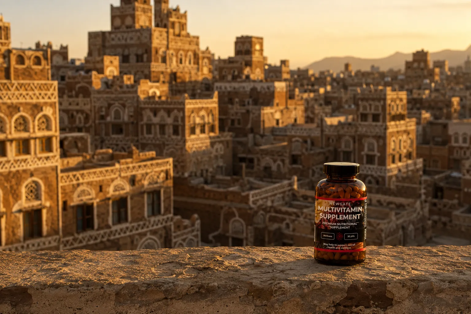 Sana’a’s old city at golden hour with a single Newgate supplement bottle in the foreground